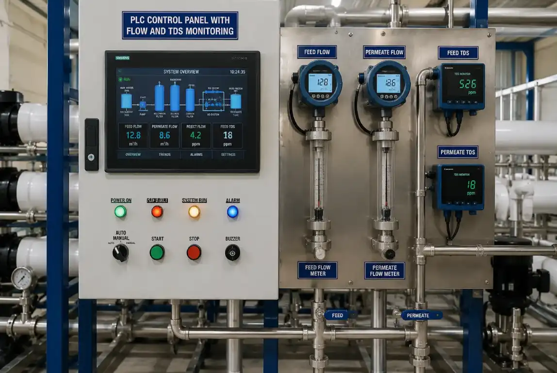 PLC control panel with flow and TDS monitoring